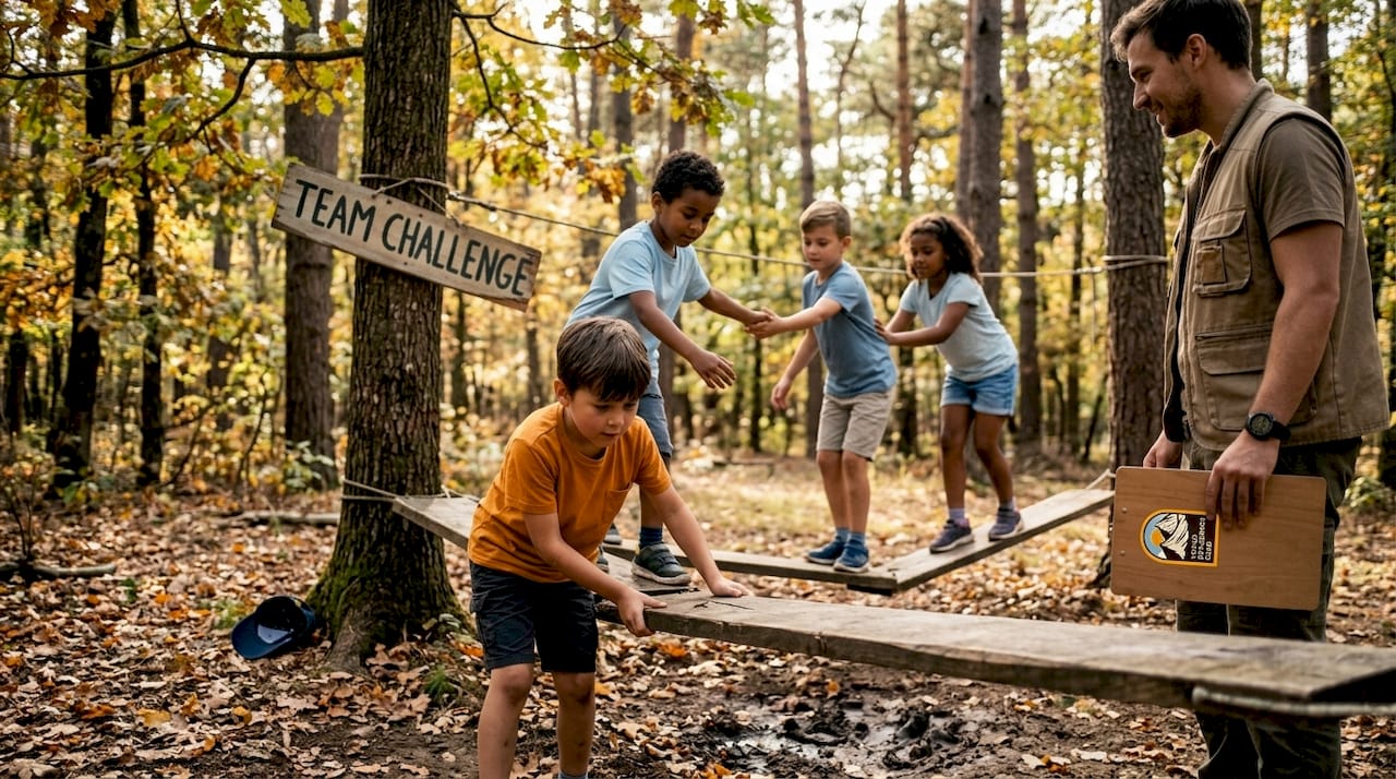 Children teamwork on ropes course at camp