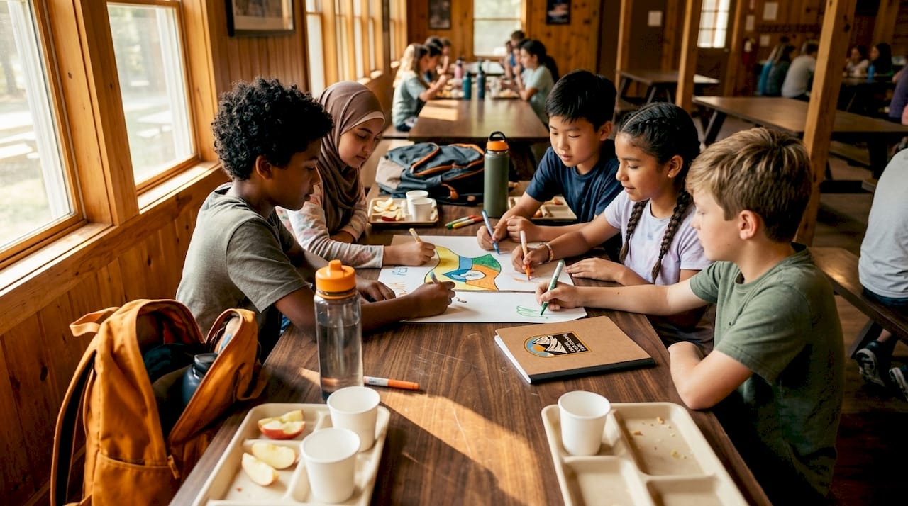 Diverse campers creating camp team flag