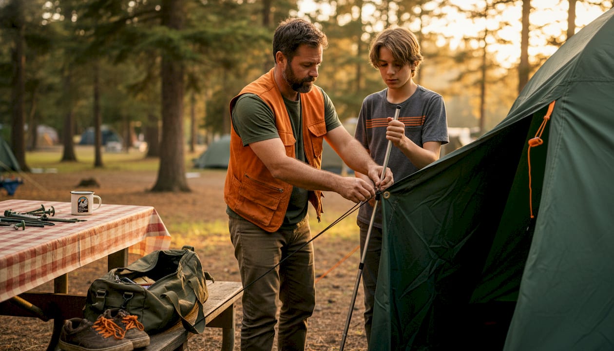 Father and son pitching tent together