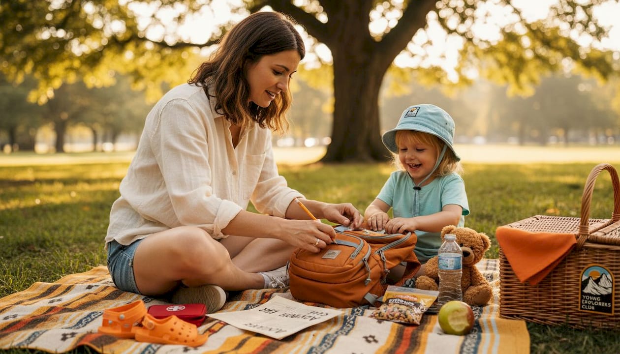 Parent and child packing hiking essentials