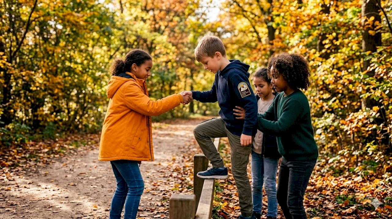 How outdoor sports build growth, leadership, and SEL 2 Kids help each other on outdoor obstacle
