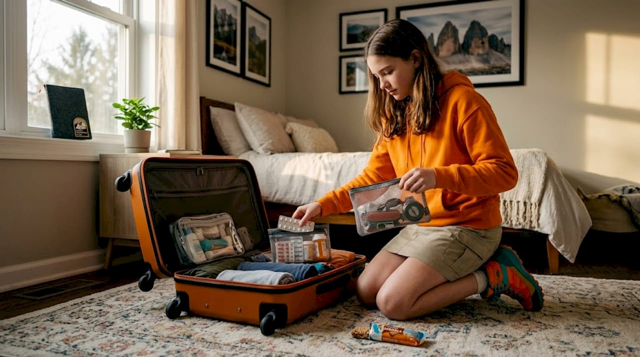 How to prepare your teen for adventure camps abroad 2 Teen girl packing gear and medication for camp
