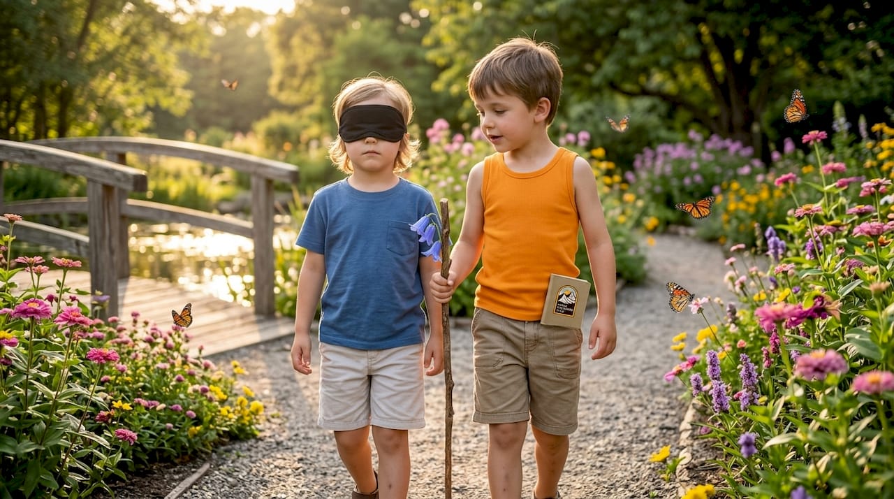 Top outdoor team building activities for kids: boost skills and confidence 2 Blindfolded child guided in outdoor trust walk