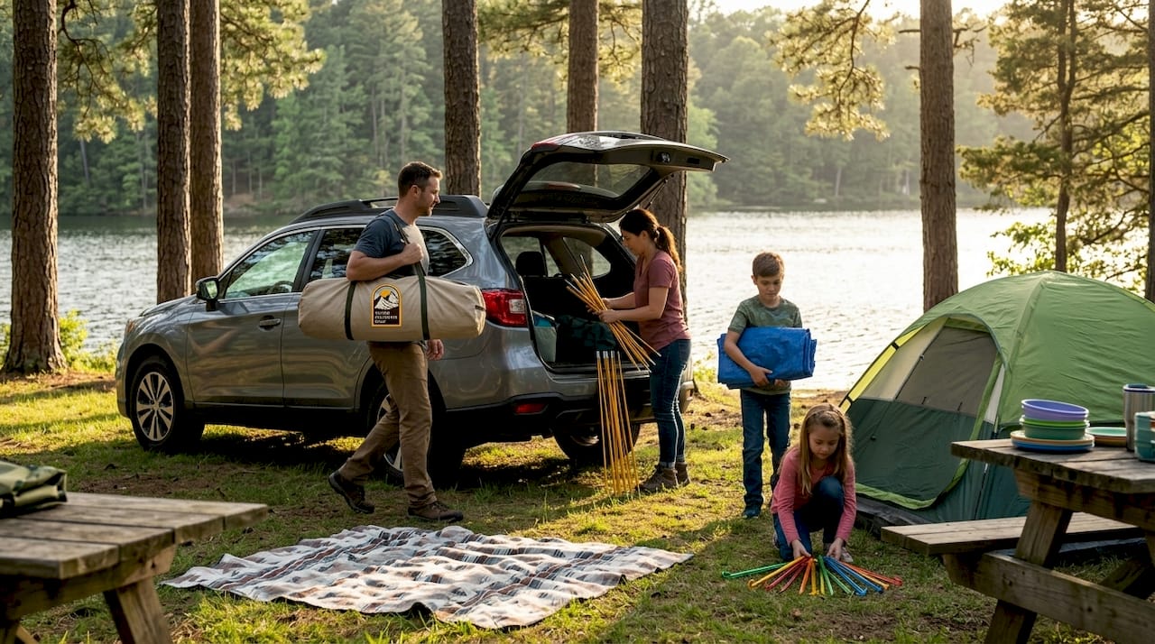 Guide to planning a camp trip: stress-free steps for families 3 Family setting up tent at natural campsite