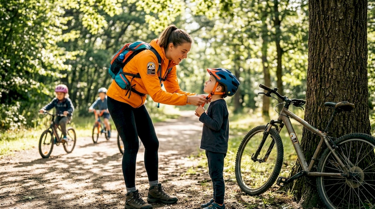 What is mountain biking camp? A parent's complete guide 2 Instructor teaches helmet adjustment to young camper