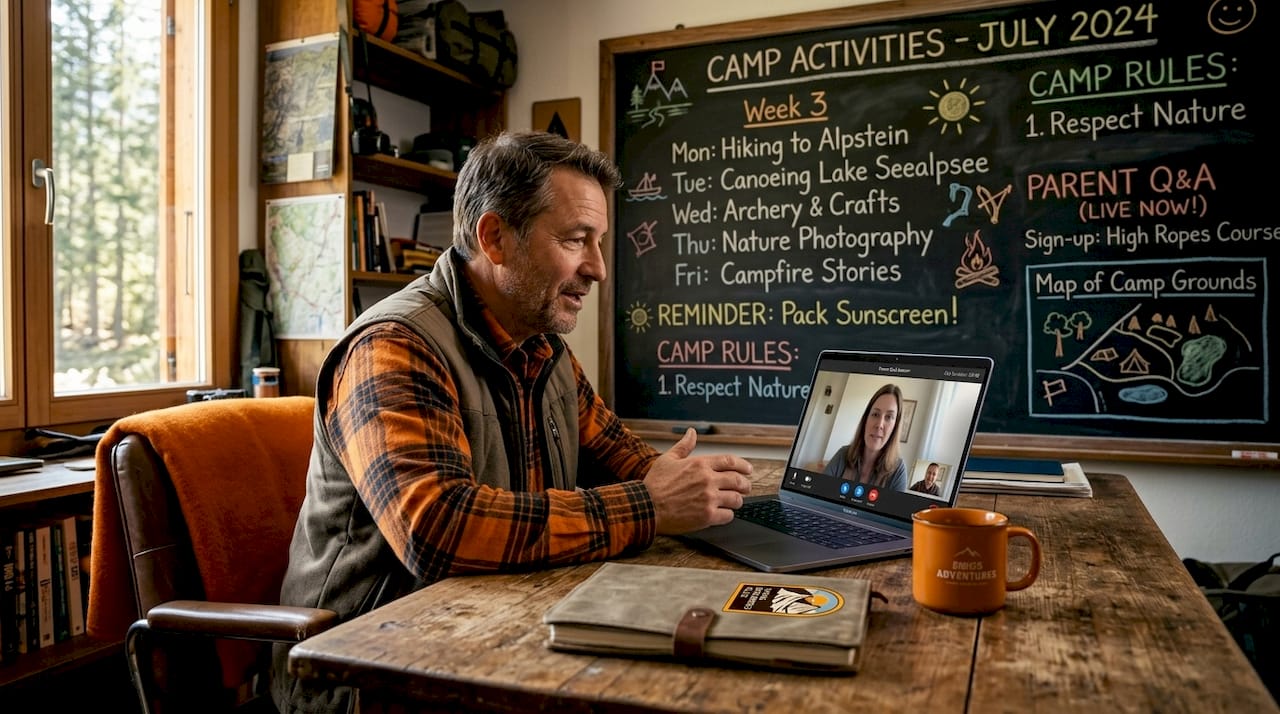 Camp director on video call with parents