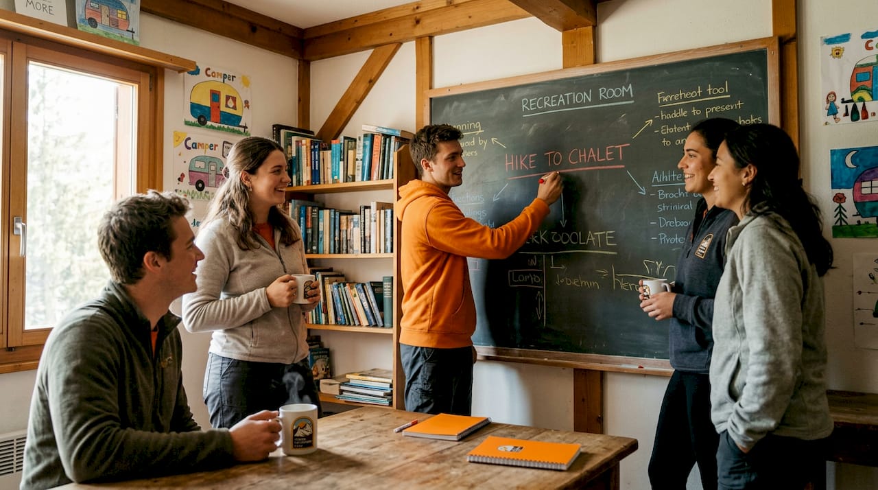 Camp staff training session in lodge with notes