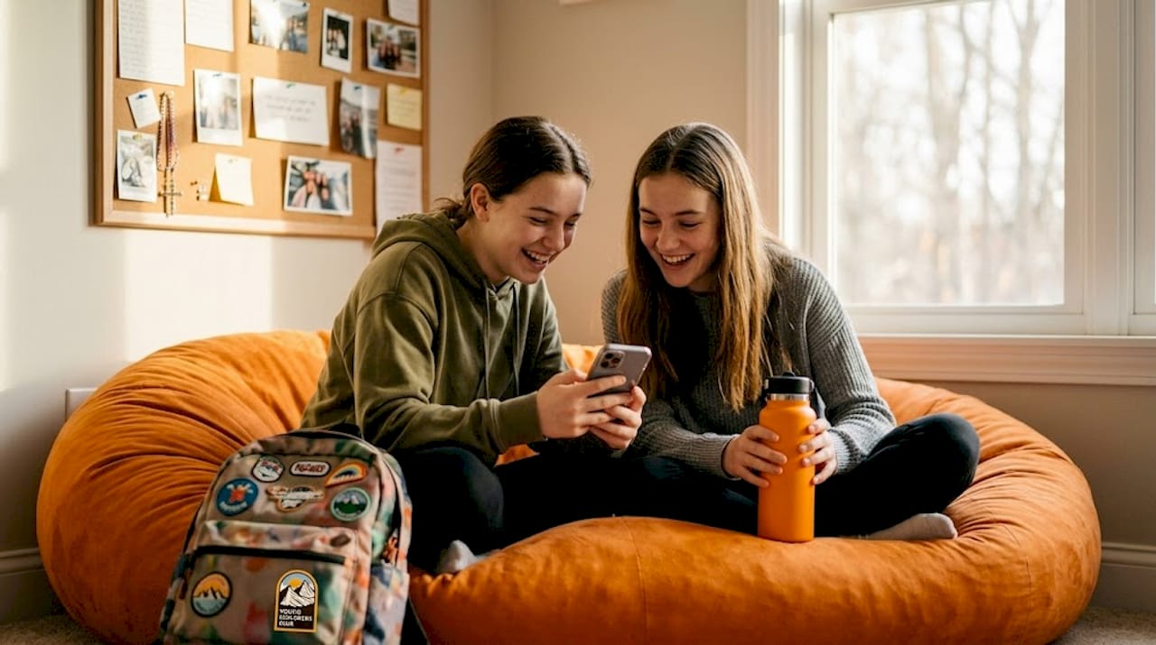 Teens chatting on bench in school hallway