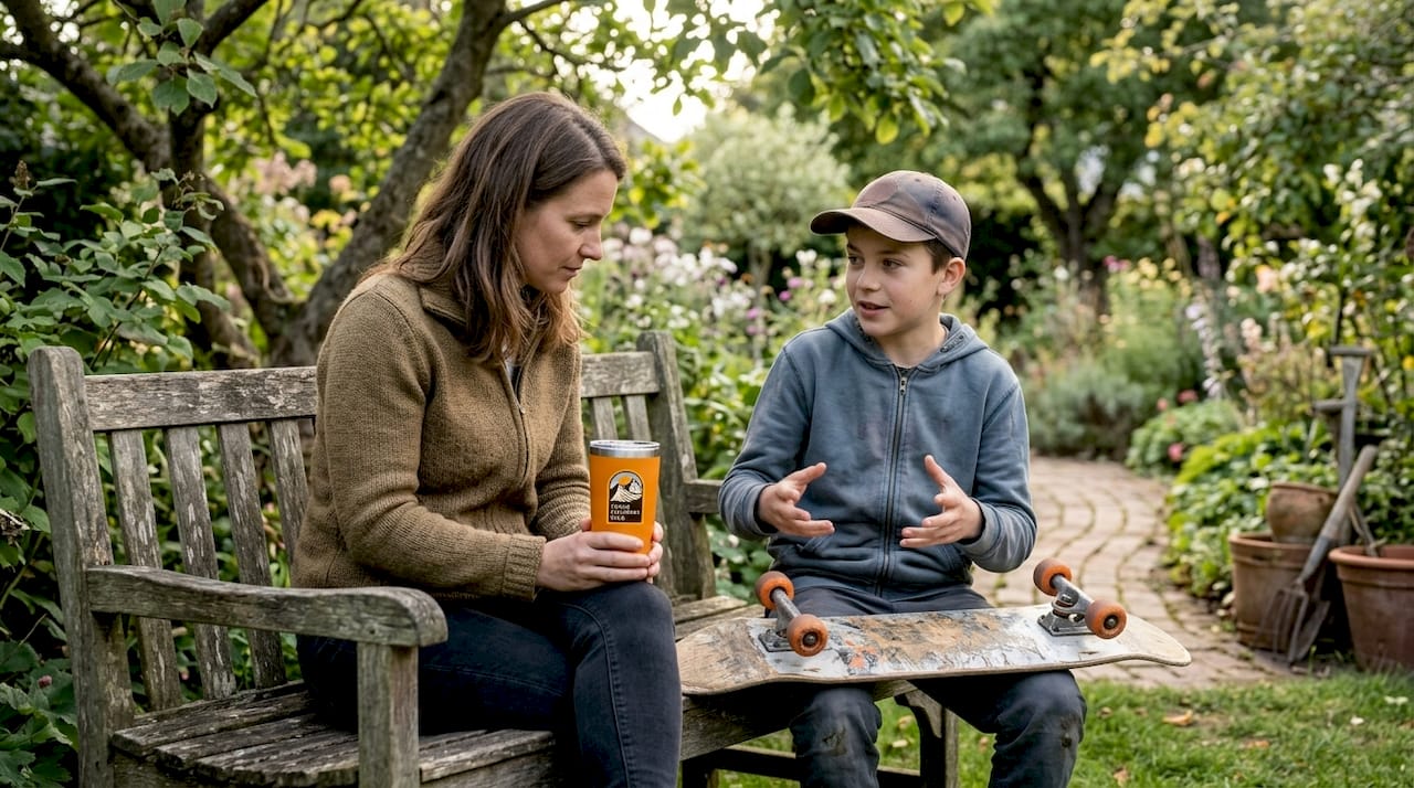 Mentor and teen talking on park bench