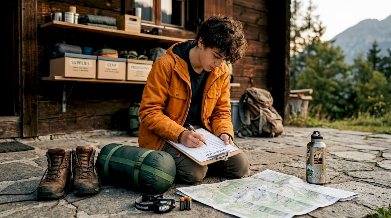 Teen packing gear with laminated checklist