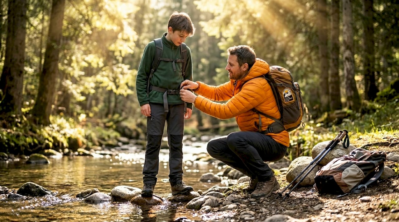 Leader helping participant adjust gear by stream