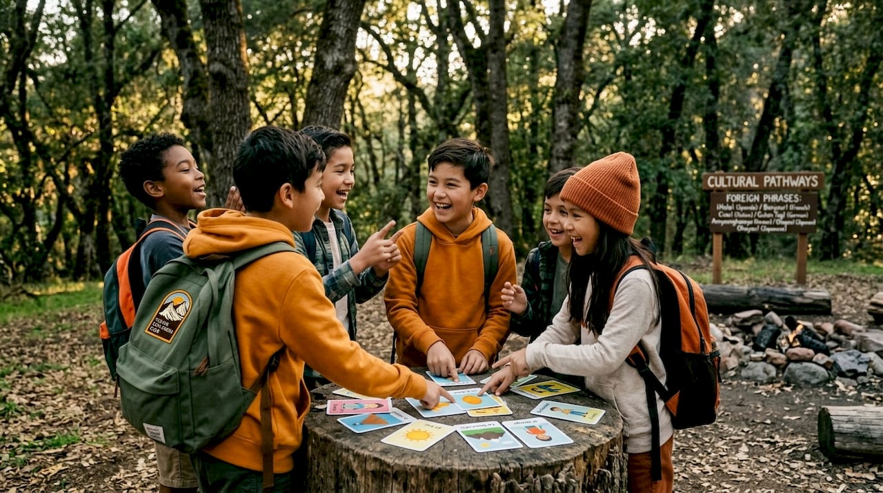 Kids playing language learning game outdoors