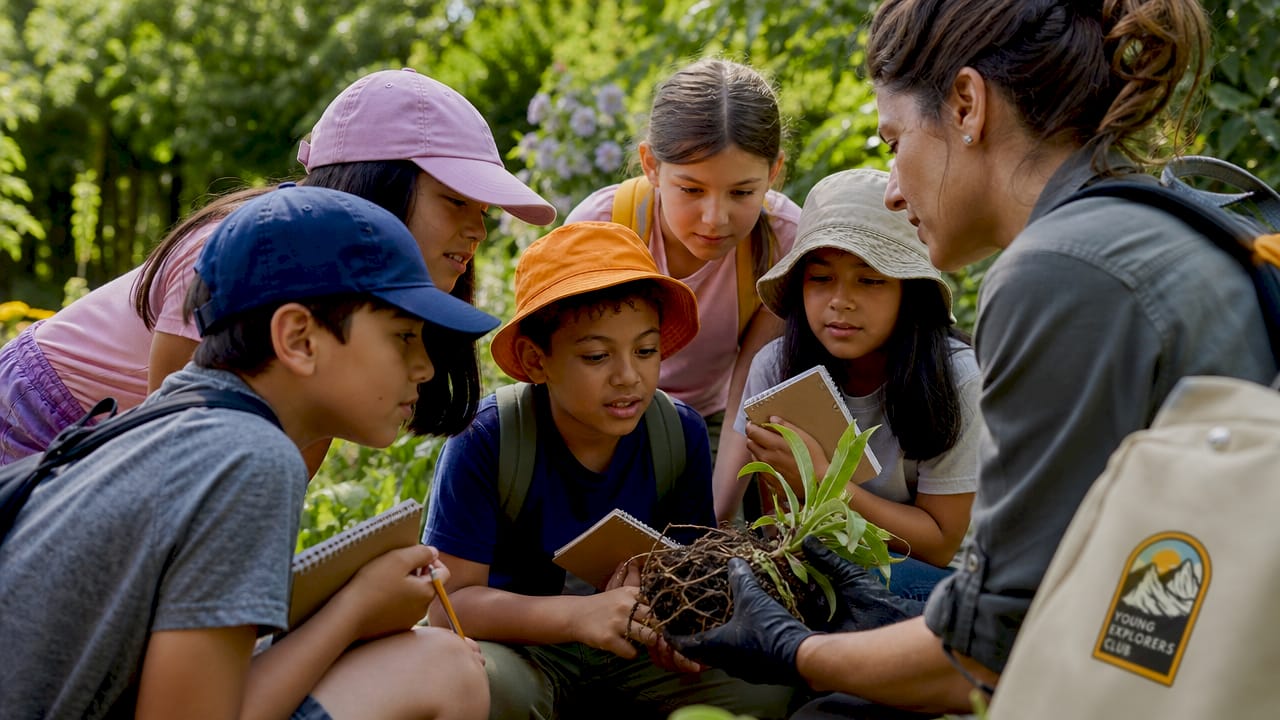 Children learning from guide at historical site