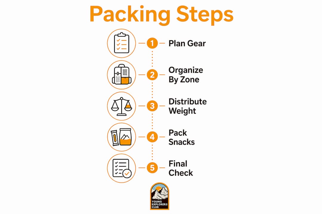 How to Pack for Outdoor Activities: Family Guide 3 Stepwise infographic of family outdoor packing process