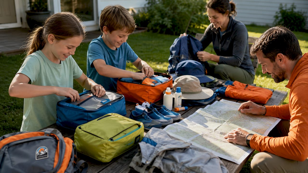 Family Adventure Planning Guide for Outdoor Trips 3 Children packing gear with colorful cubes