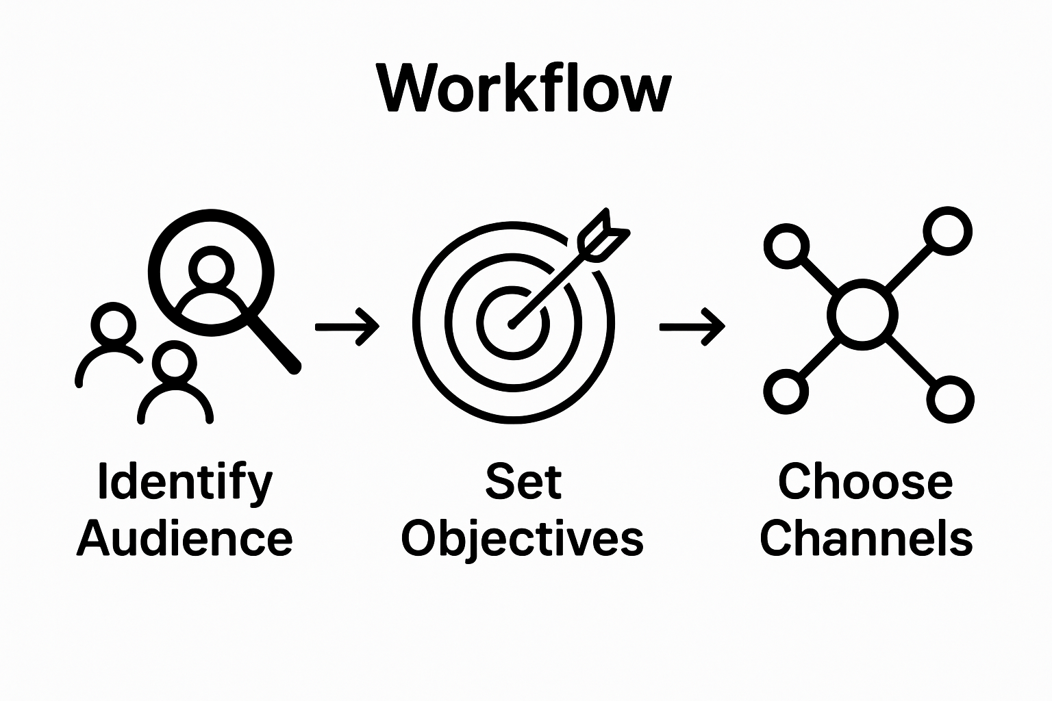 Infographic illustrating steps: audience analysis, setting objectives, and selecting marketing channels Infographic illustrating steps: audience analysis, setting objectives, and selecting marketing channels