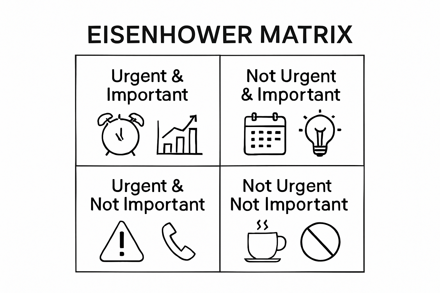 Eisenhower Matrix infographic with four quadrants and icons representing urgency and importance.