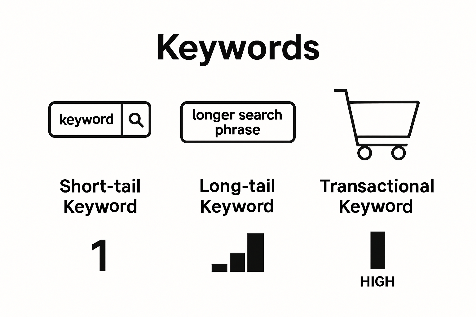 Infographic comparing short-tail, long-tail, and transactional keywords Infographic comparing short-tail, long-tail, and transactional keywords
