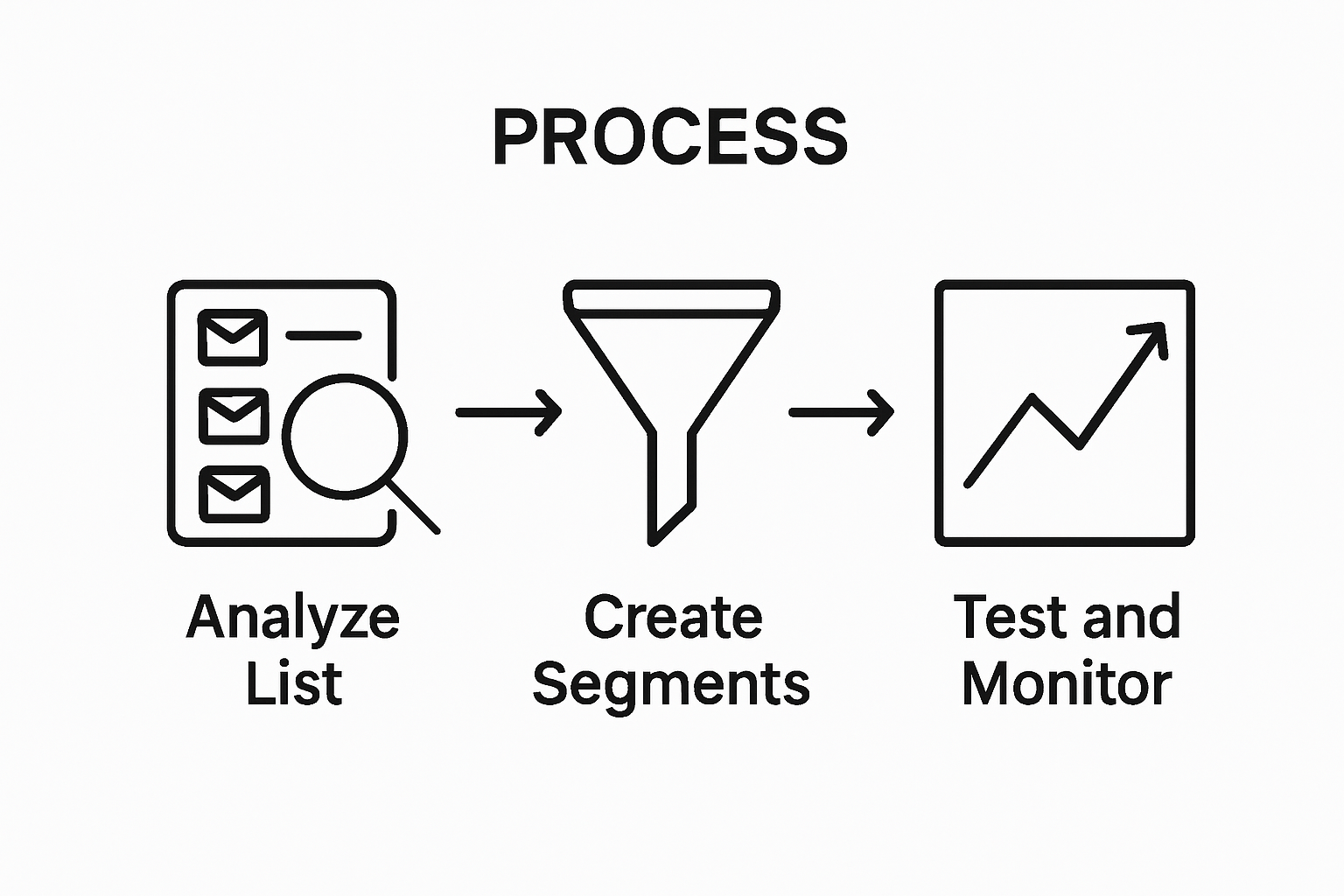 Infographic showing three steps to segment email lists: analyze, segment, test