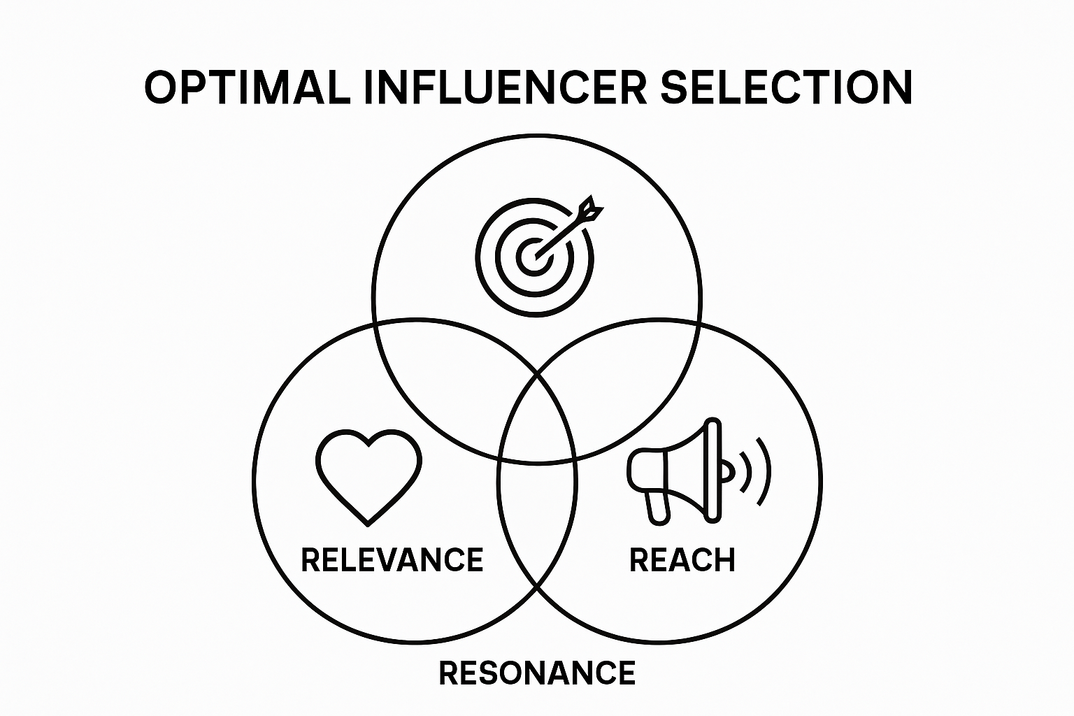Venn diagram showing influencer selection criteria: relevance, reach, resonance