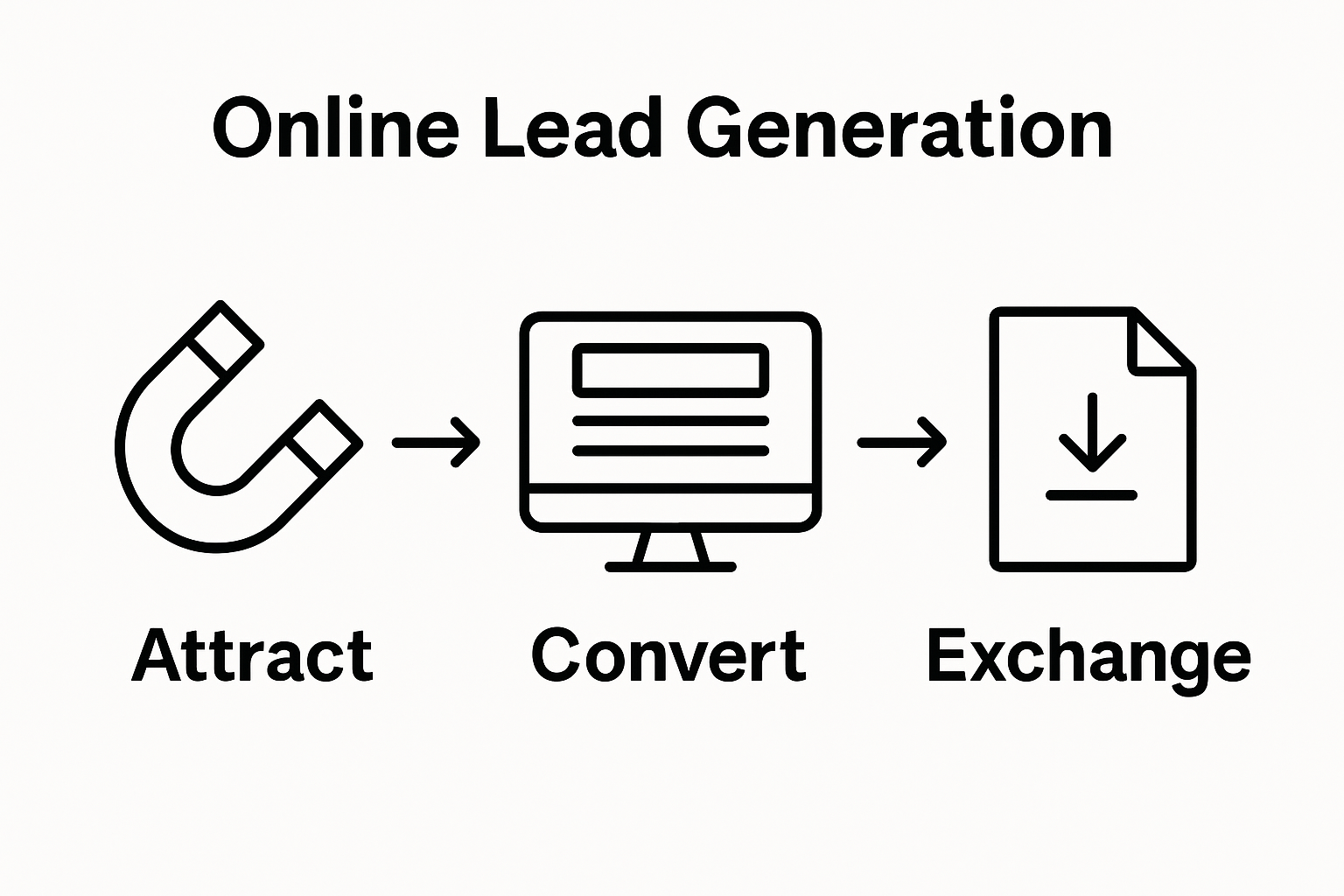 Three-step online lead generation process infographic with magnet, webform, ebook icons