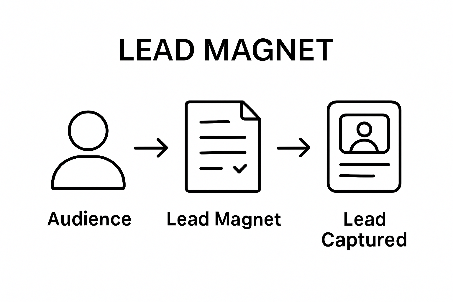 Infographic visualizing audience profiling, lead magnet offer, and contact capture workflow
