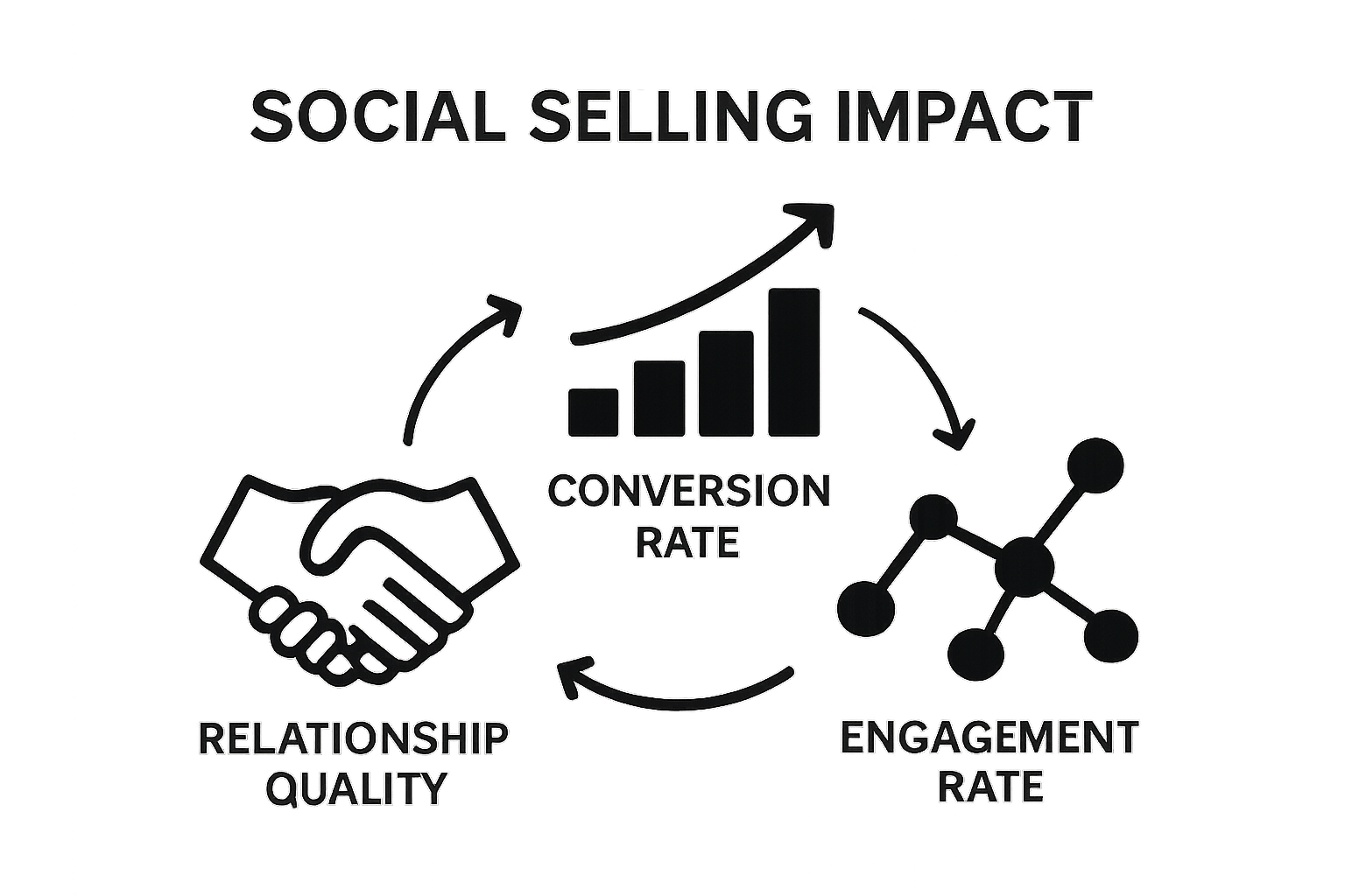 Infographic showing icons for relationship quality, engagement, and conversion in social selling.