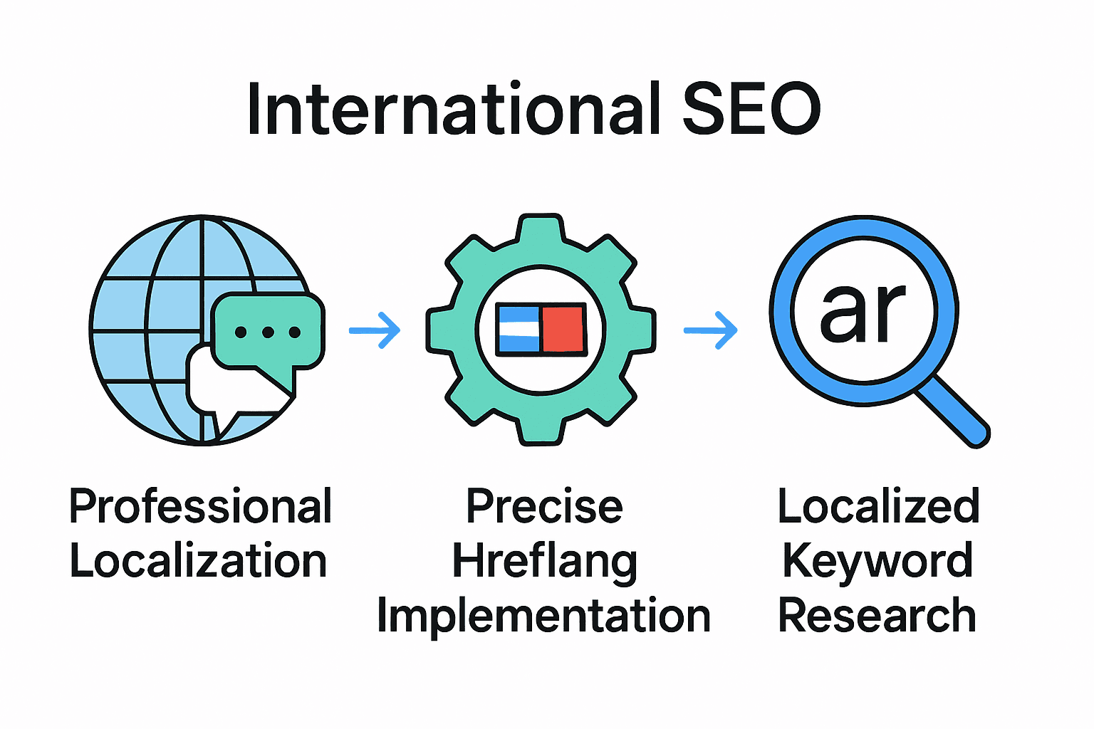 Infographic comparing localization, hreflang setup, and keyword research for international SEO.