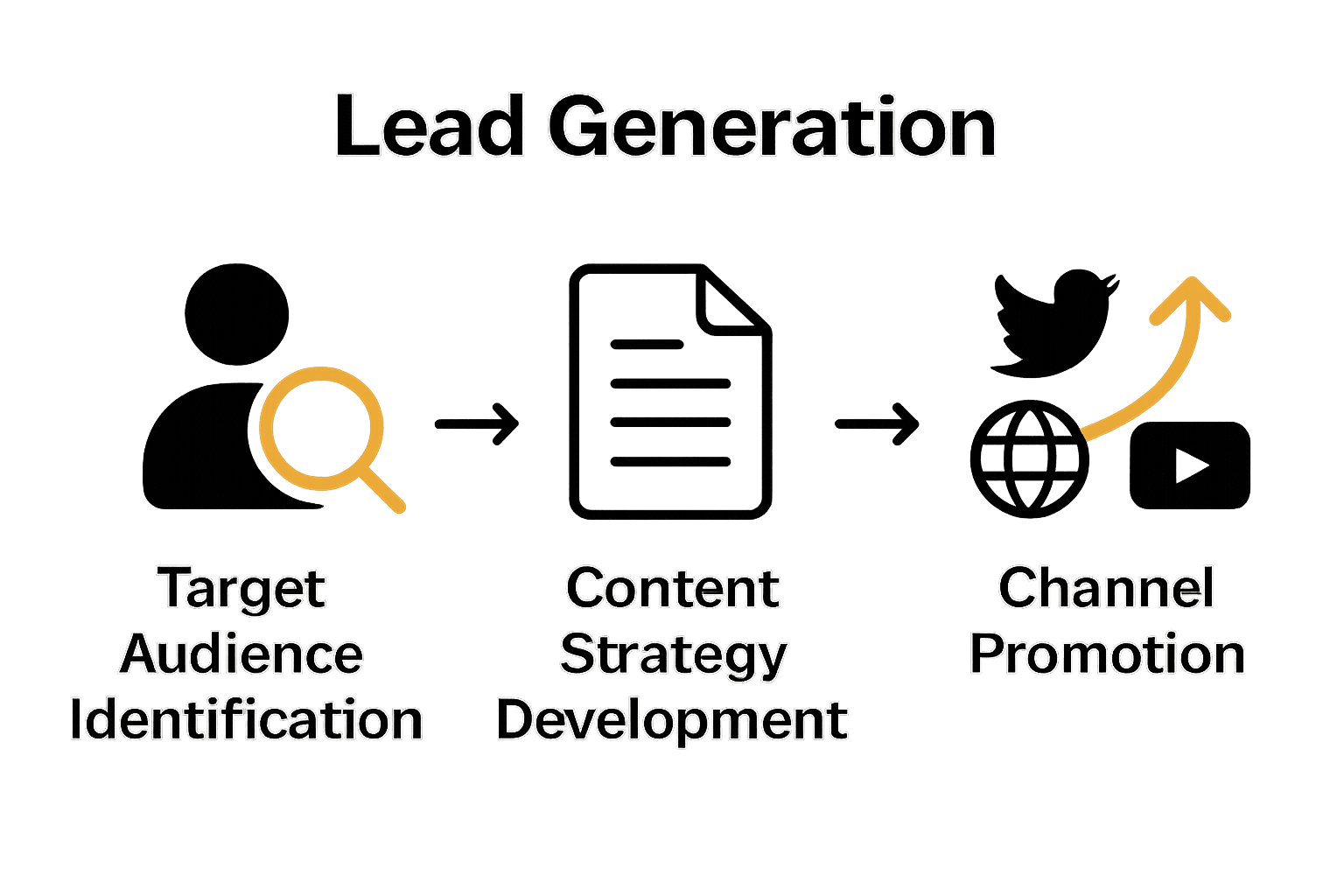 Lead generation process: audience identification, content strategy, channel promotion.