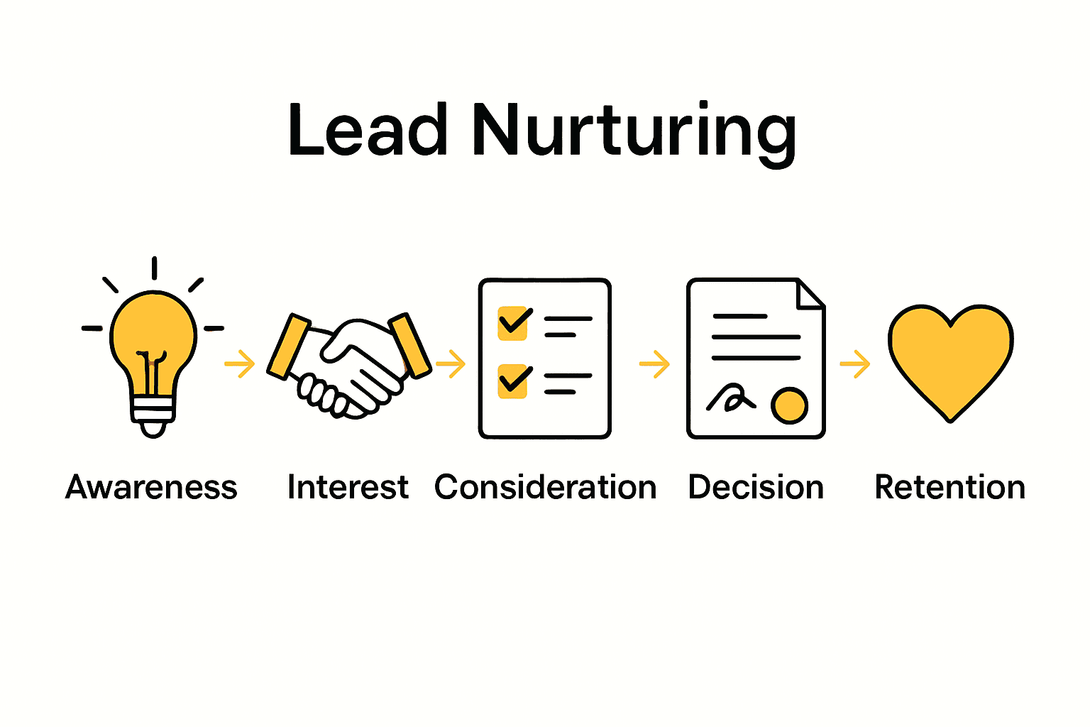 Infographic of five lead nurturing process stages with icons and arrows.