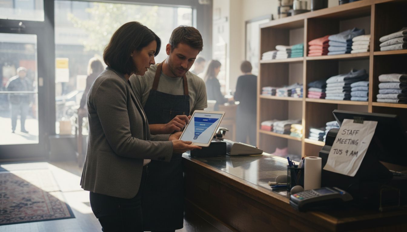 Retail staff reviewing funnel diagram at counter