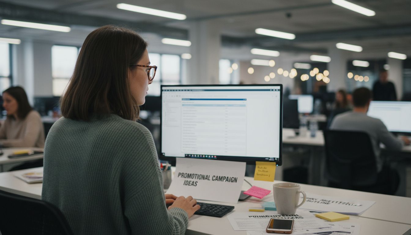 Woman organizing email campaign types at desk