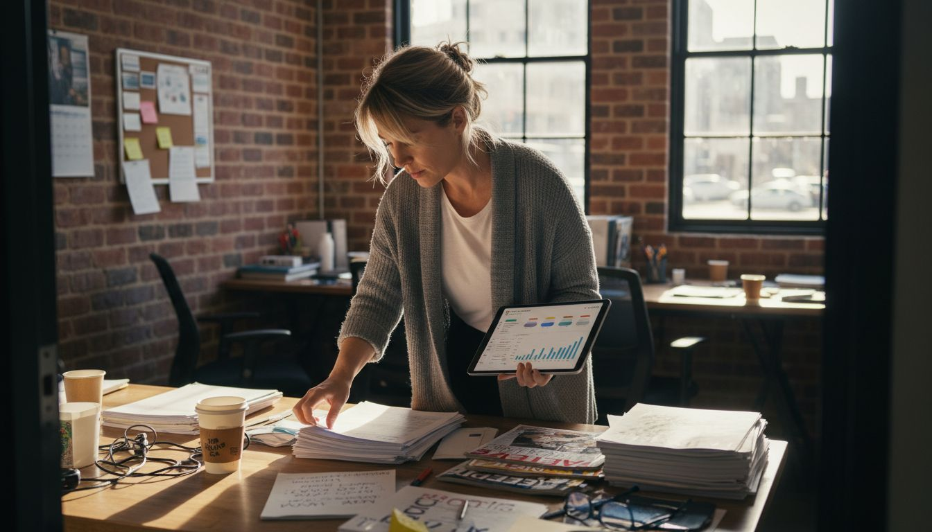 Woman reviews SEO strategy in Sydney workspace