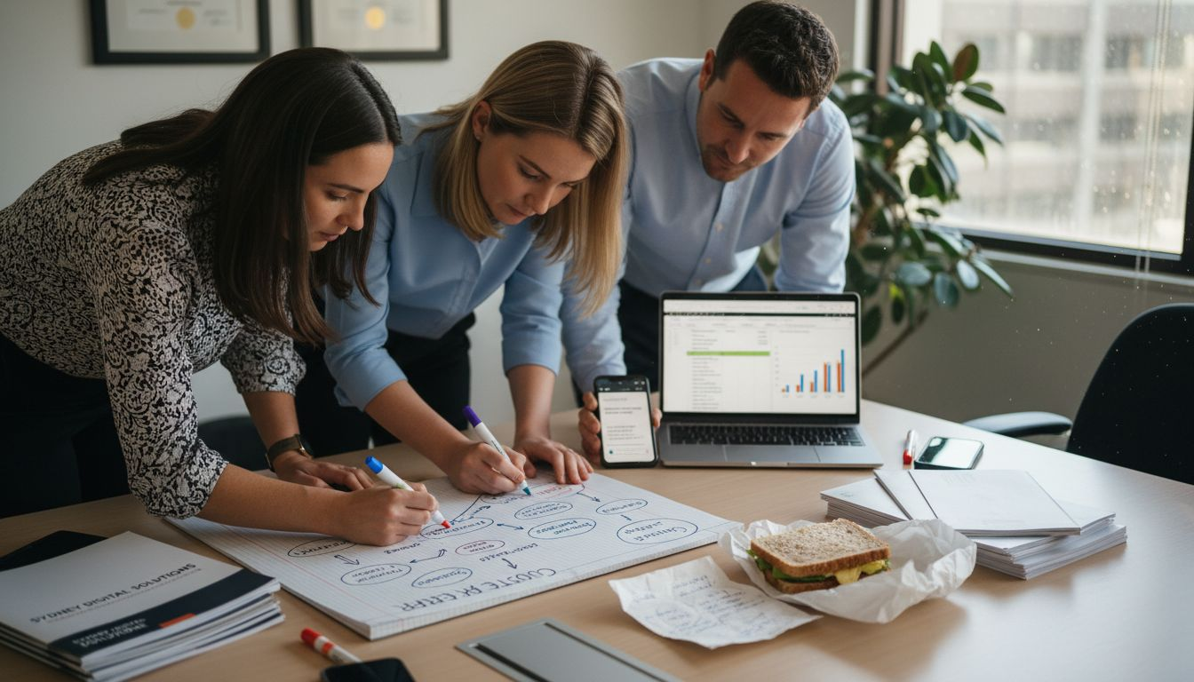 Team creating customer journey mapping sketch