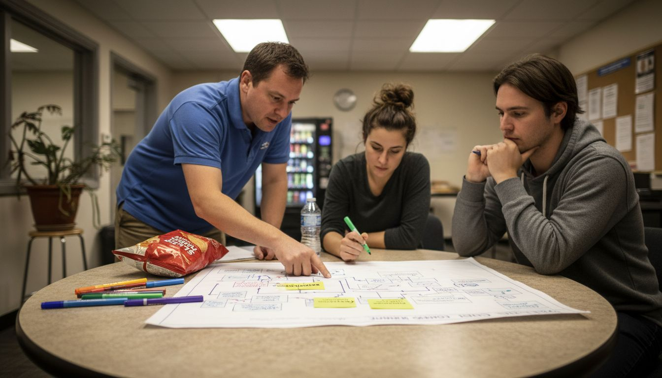 Team reviewing client journey map on table