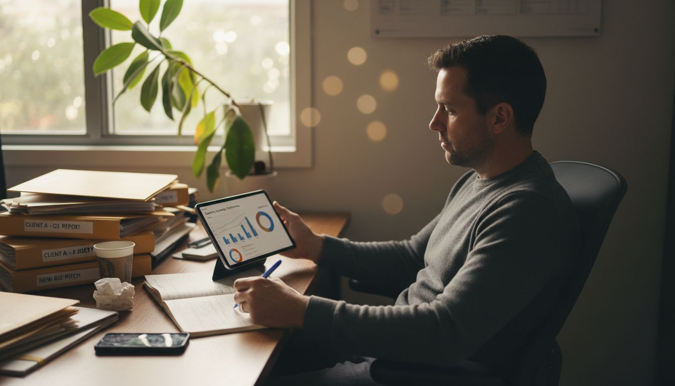 Marketer reviewing charts and writing notes