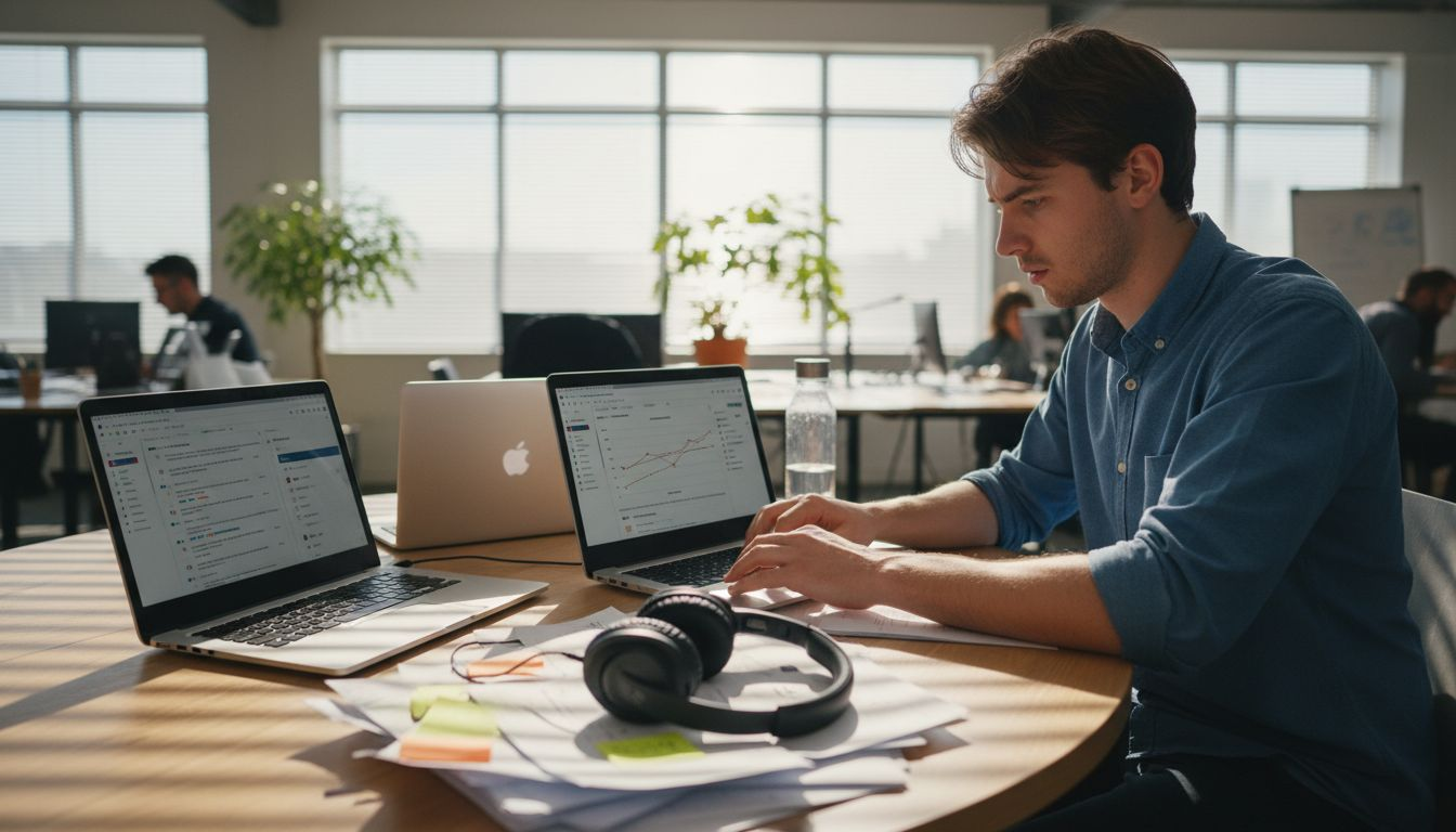Analyst reviewing social analytics on multiple devices