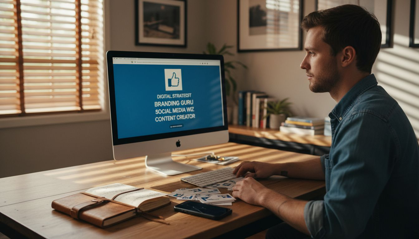 Marketer updating social media profile at desk