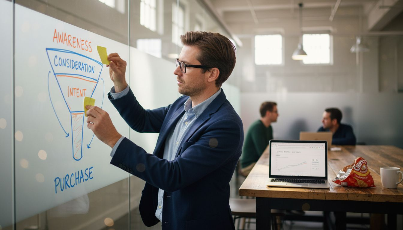 Manager mapping buyer journey on glass board