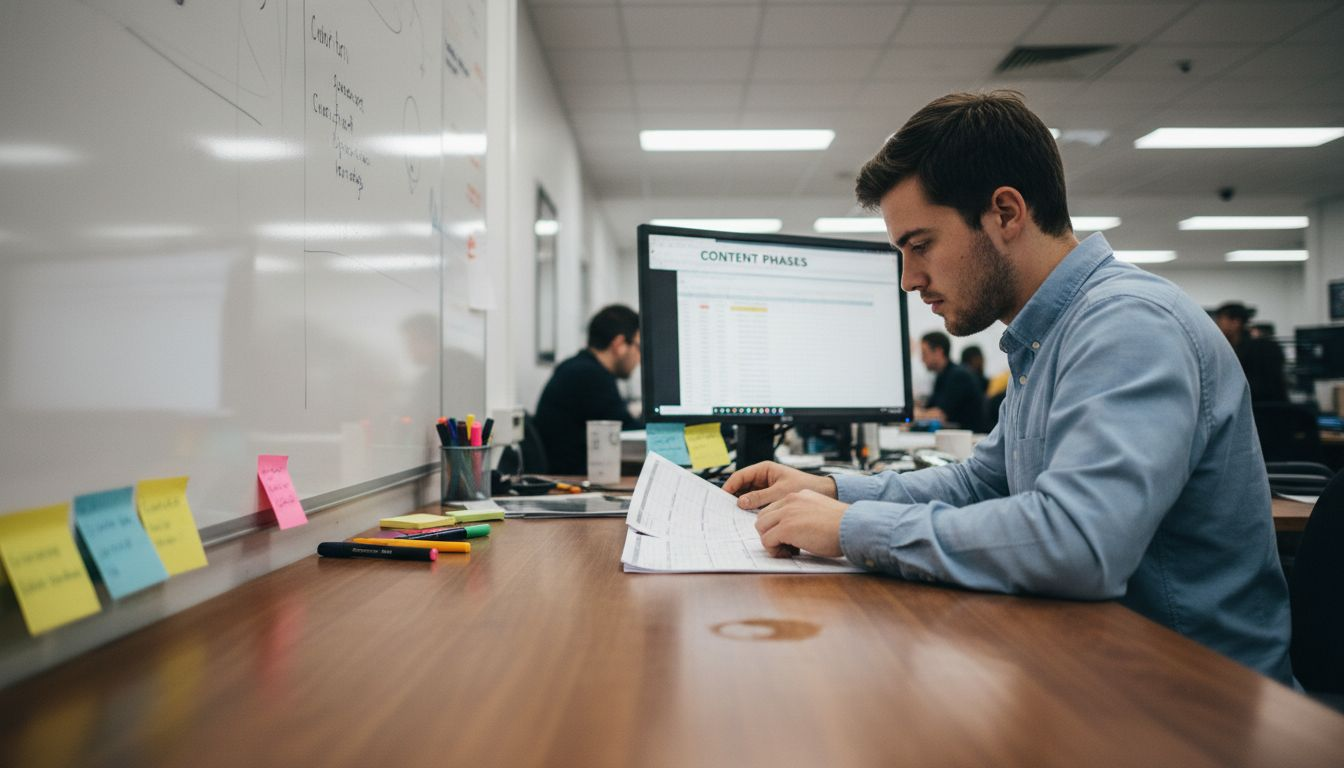Reviewing content calendar in agency office