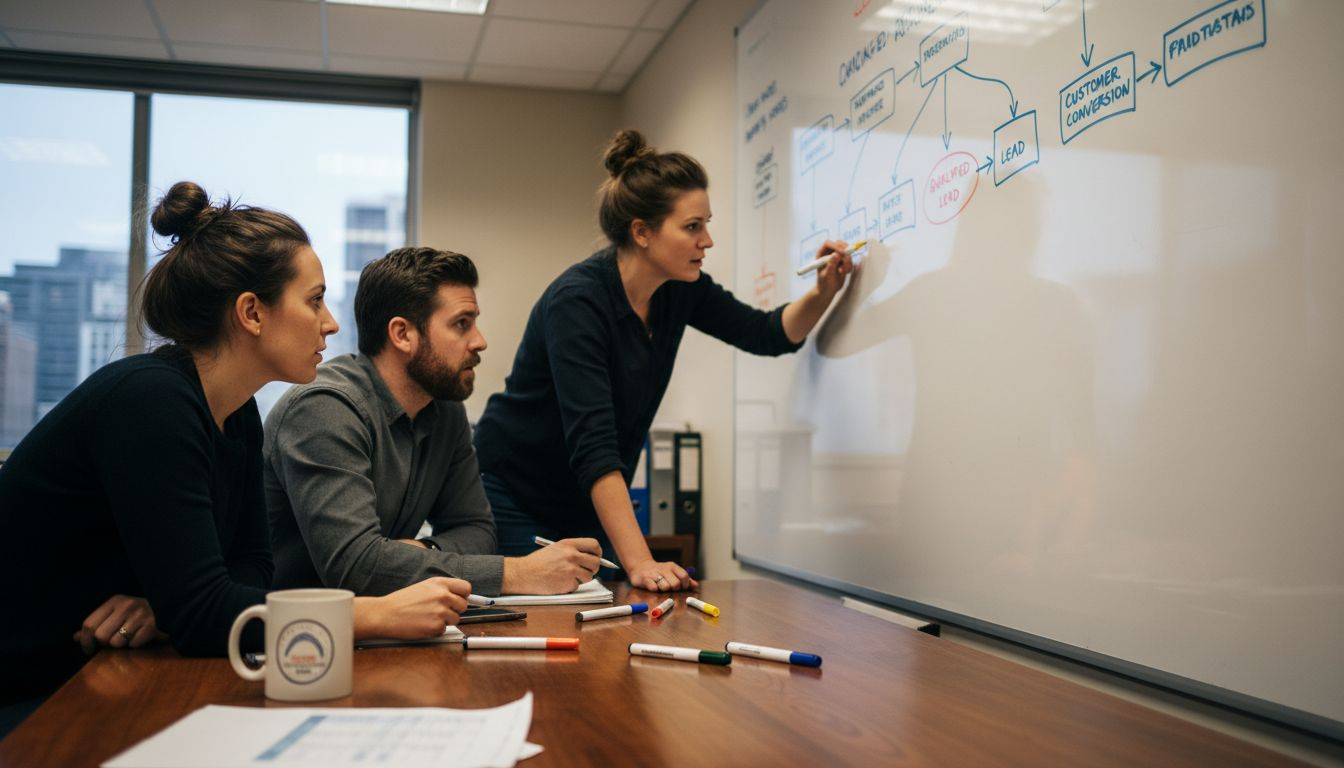 Team discussing lead stage flowchart