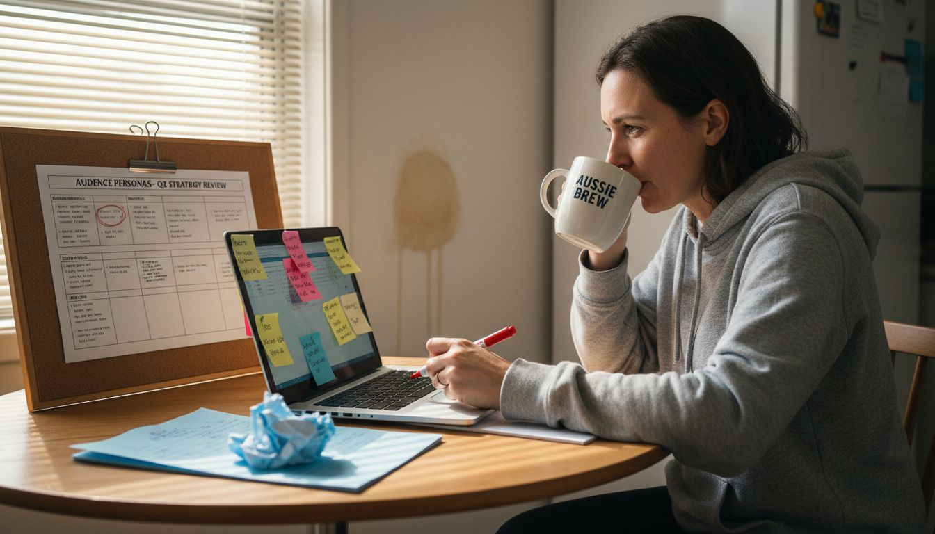 Marketer updating audience persona sheet at table
