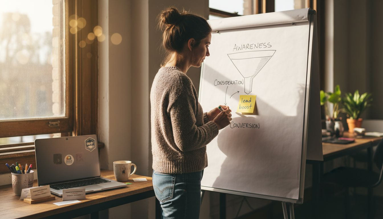 Marketer illustrating lead generation funnel