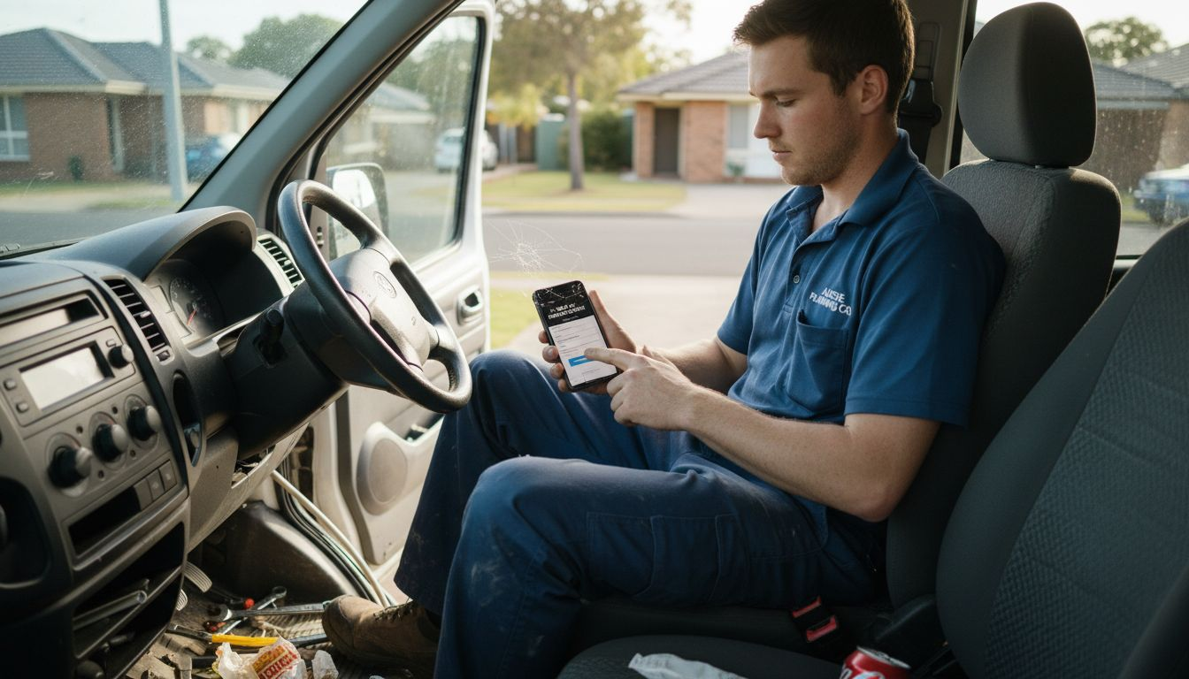 Plumber checking website in work van