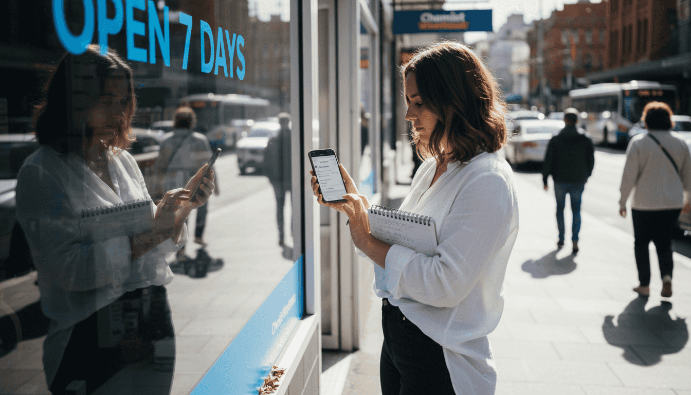 Pharmacy manager updating local SEO via smartphone