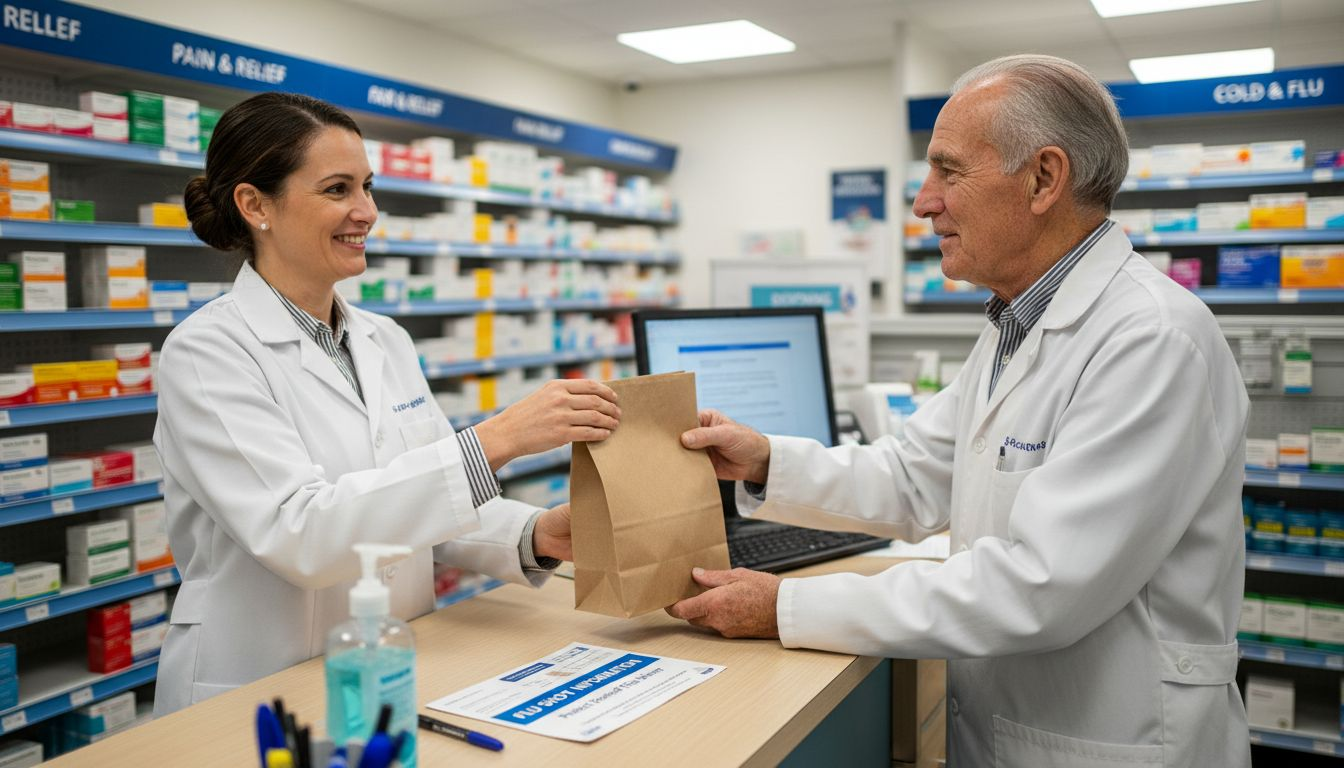Pharmacist hands prescription bag to senior customer