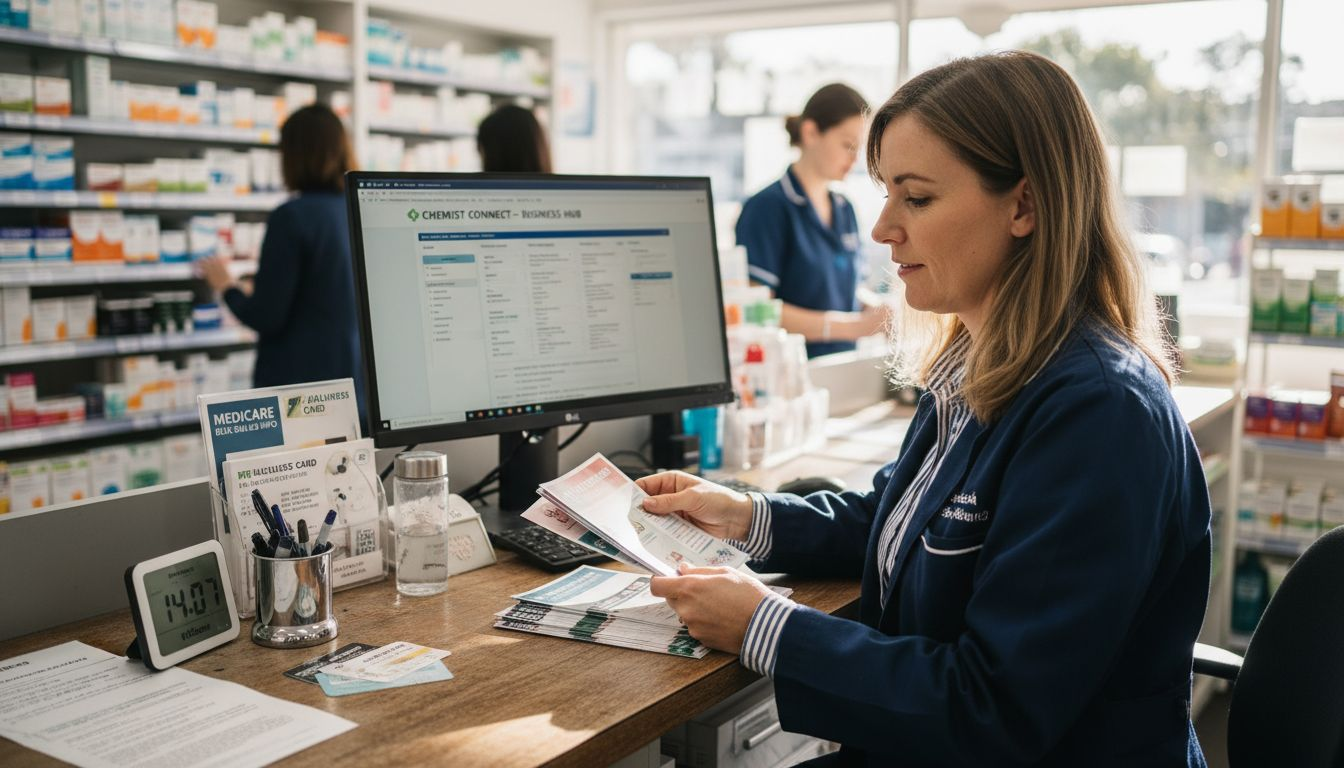 Pharmacy owner managing online marketing tasks