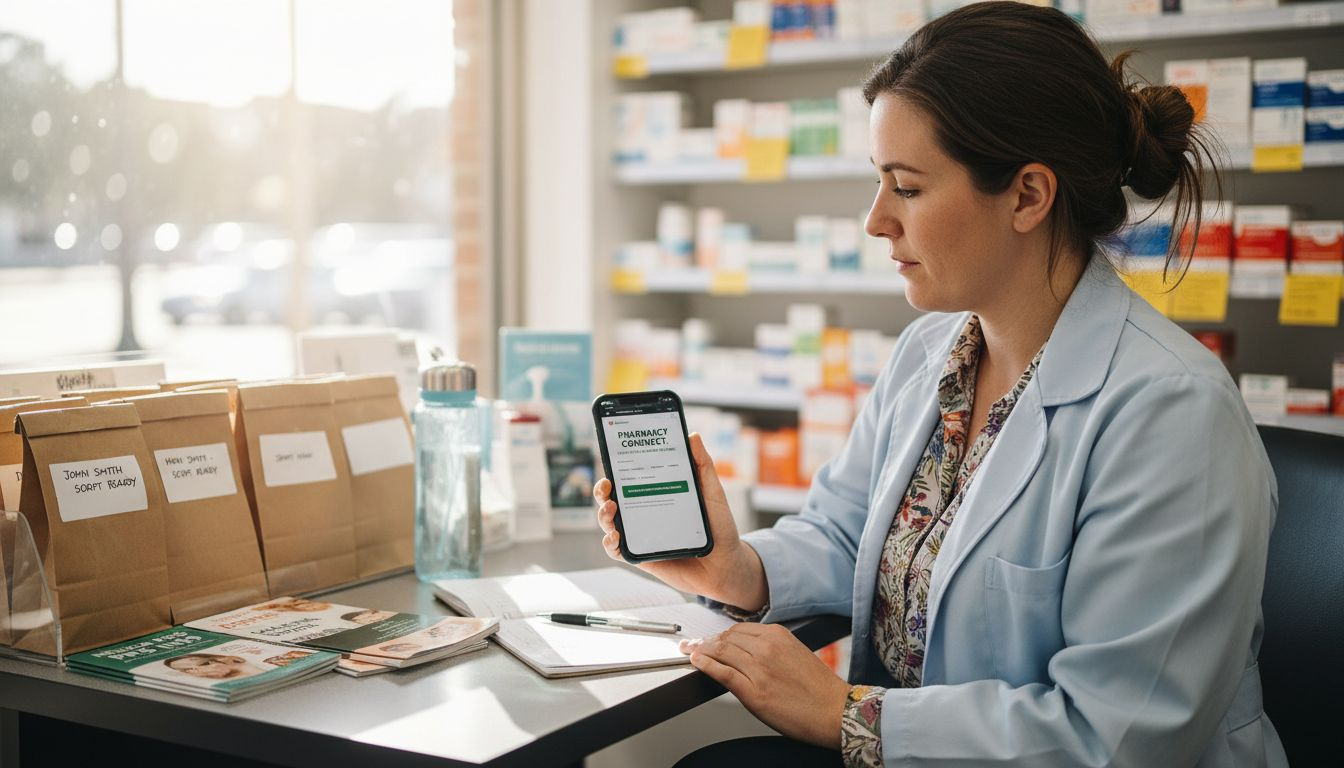 Pharmacist checking mobile-friendly website at desk