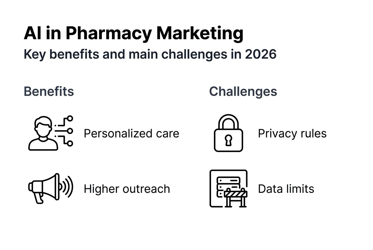 Infographic showing AI benefits and challenges in pharmacy marketing
