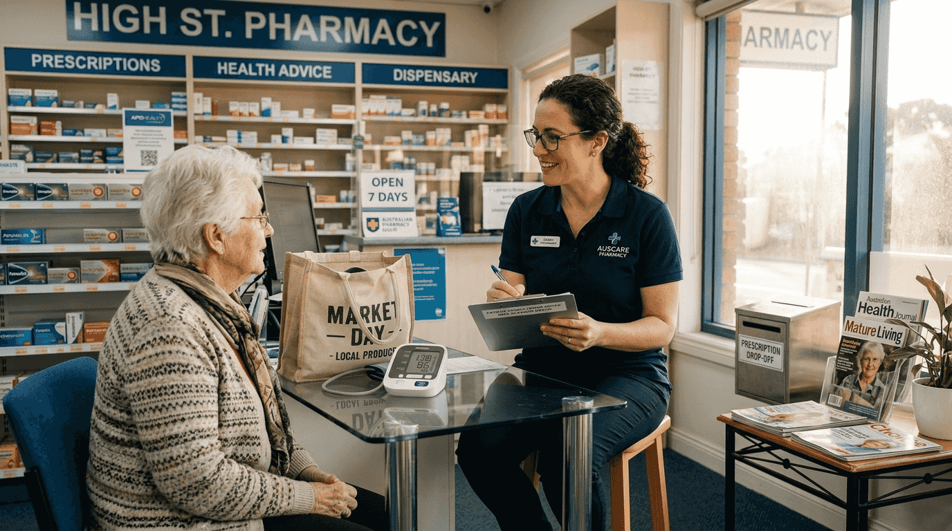 Pharmacist interacting with elderly patient